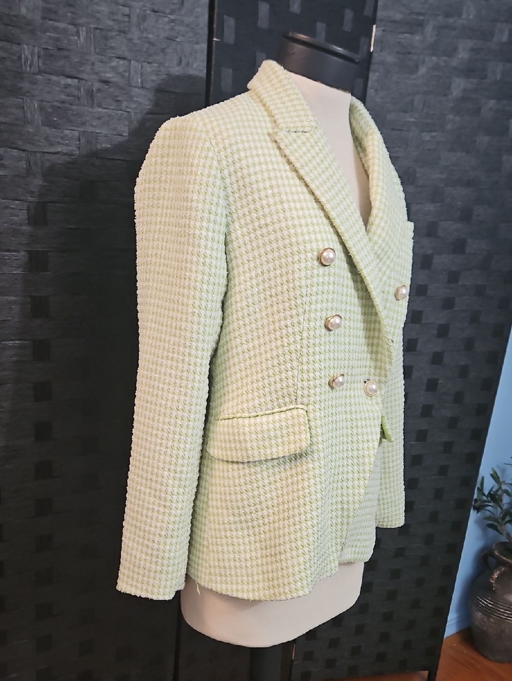 House Of Harlow Double-Breasted Women's Houndstooth Blazer Jacket Light Green M - Picture 5 of 13